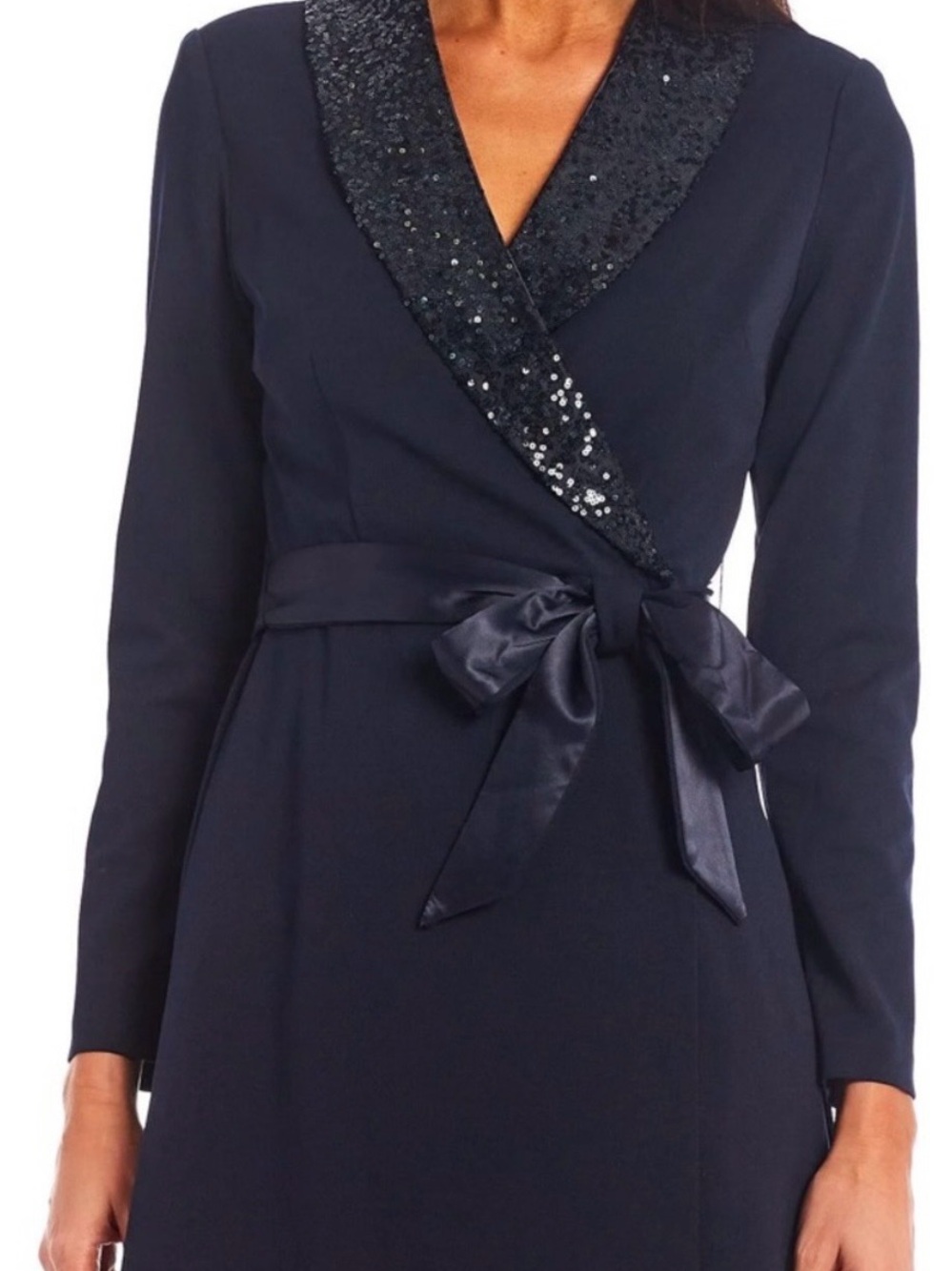 Adrianna Papell Navy Long Sleeve Wrap Dress with Sequin Shawl Collar